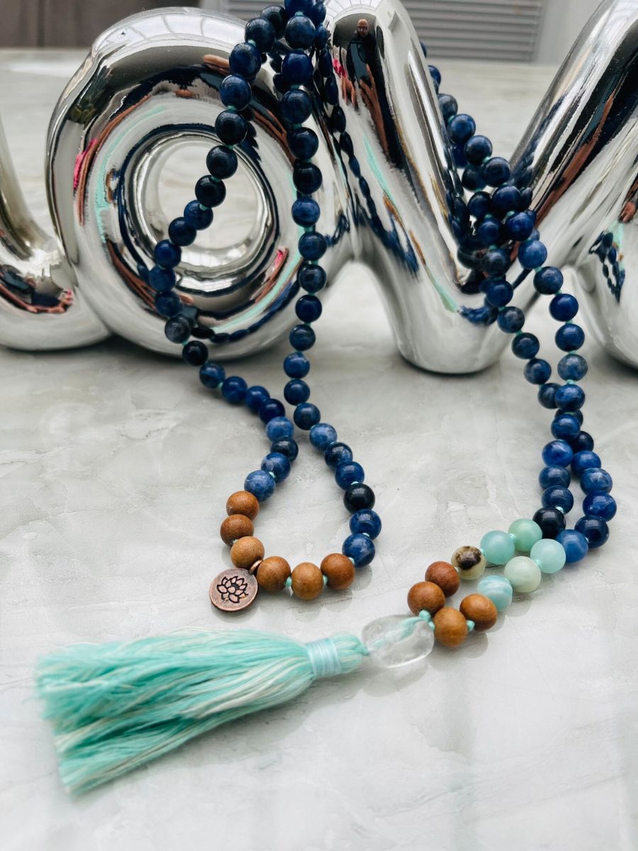 Sodalite, Amazonite, Sandalwood & Clear Quartz Guru Bead Mala with Lotus Charm
