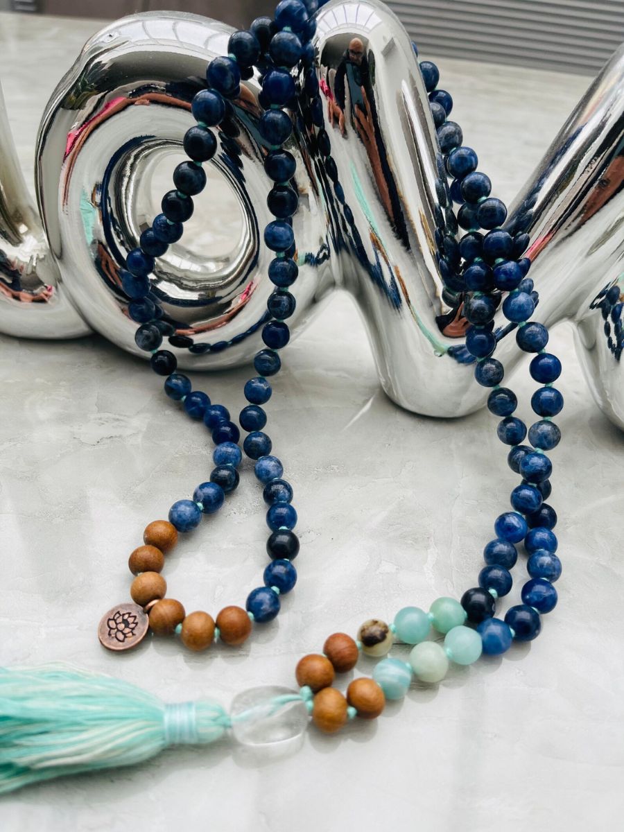 Sodalite, Amazonite, Sandalwood & Clear Quartz Guru Bead Mala with Lotus Charm