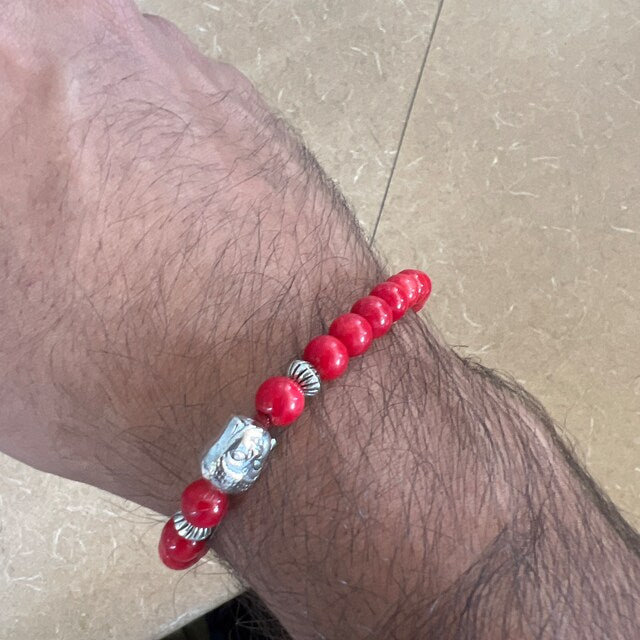 Red Coral BUDDHA BRACELET on hand of satisfied customer - review pic